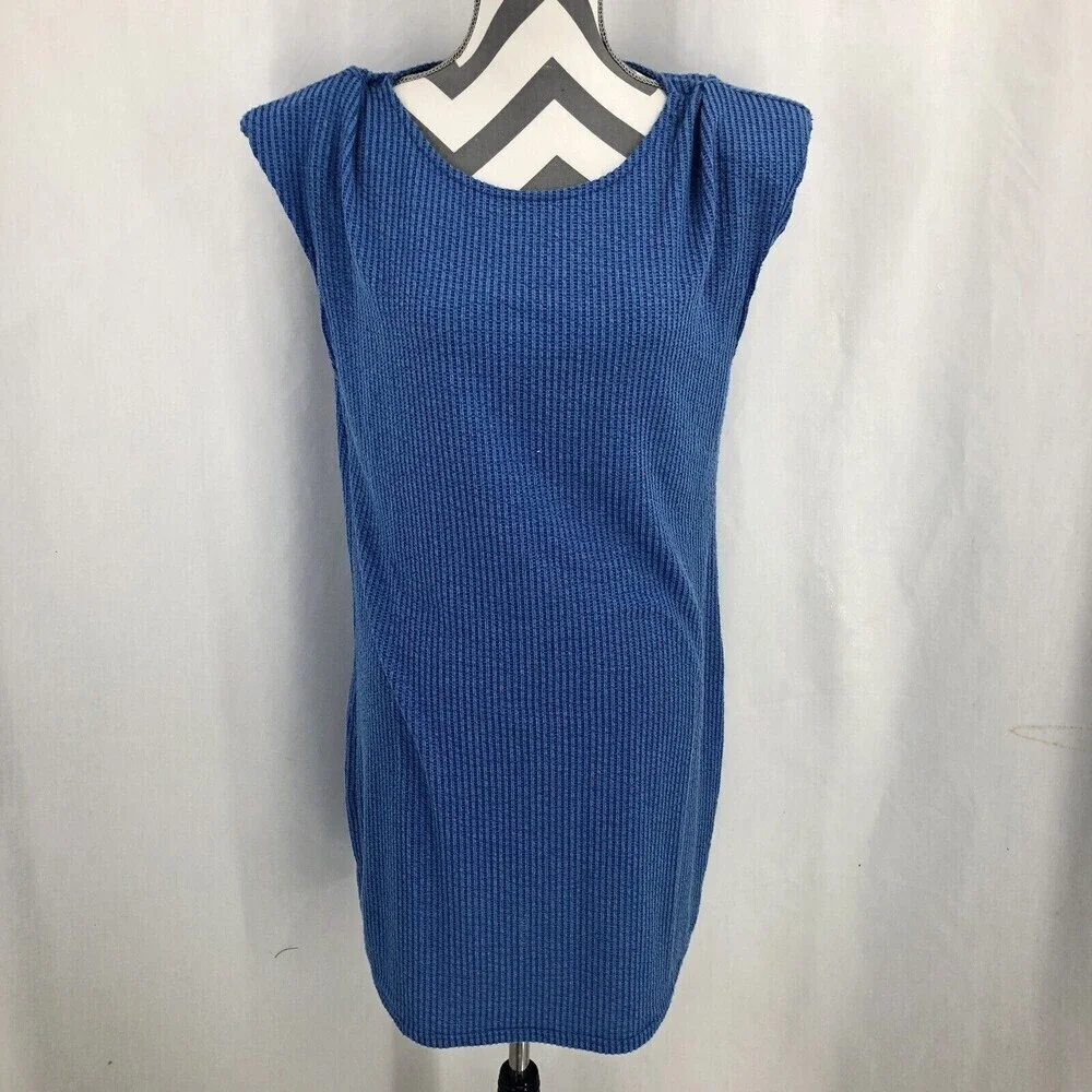 Susina Women's Shoulder Padded Rib Knit Tank Bodycon Mini Dress In Blue Size L - Picture 2 of 4
